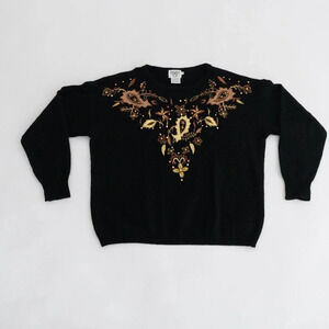 Vintage Cervelle Black w Brown & Gold  Beaded Floral Crewneck Knit Sweater XL